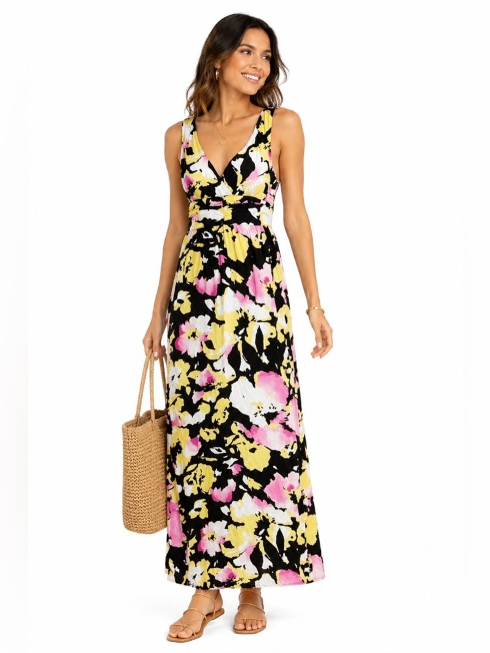 Old Navy Black Floral Back Zipper Summer V-Neck Sleeveless Maxi Dress 172